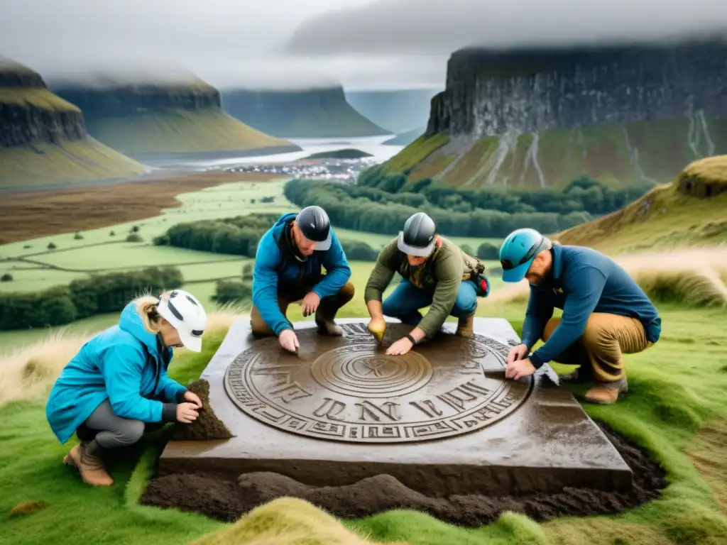 Equipo de arqueólogos excavando una piedra rúnica vikinga en ruinas nórdicas, rodeados de montañas brumosas