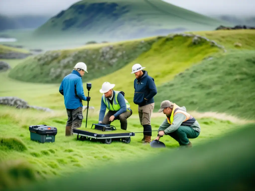 Equipo de arqueólogos usando radares de penetración terrestre para descubrir asentamientos vikingos en un paisaje natural exuberante