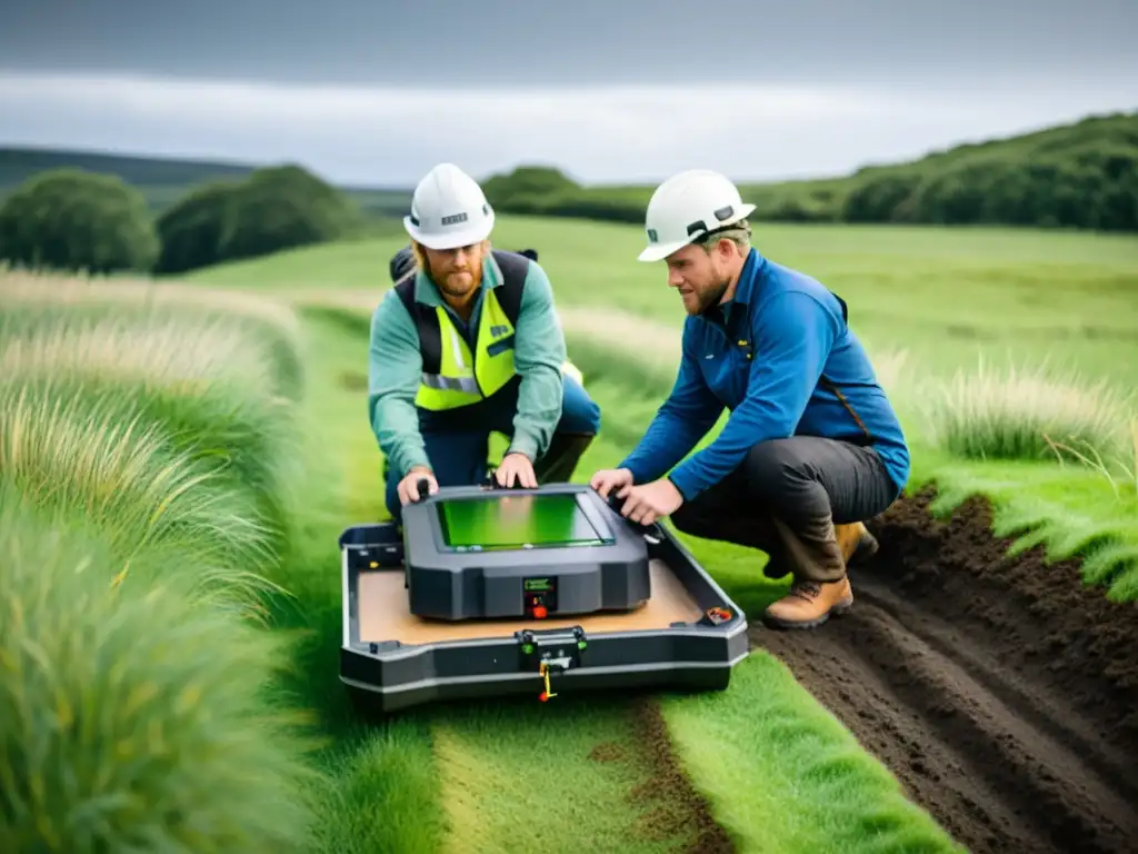 Equipo de arqueólogos usando radares de penetración terrestre para descubrir asentamientos vikingos en un paisaje verde exuberante