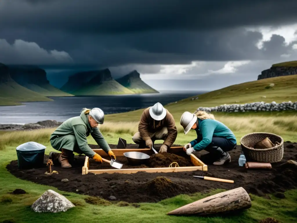 Equipo de arqueólogos desenterrando secretos vikingos bajo nubes amenazantes