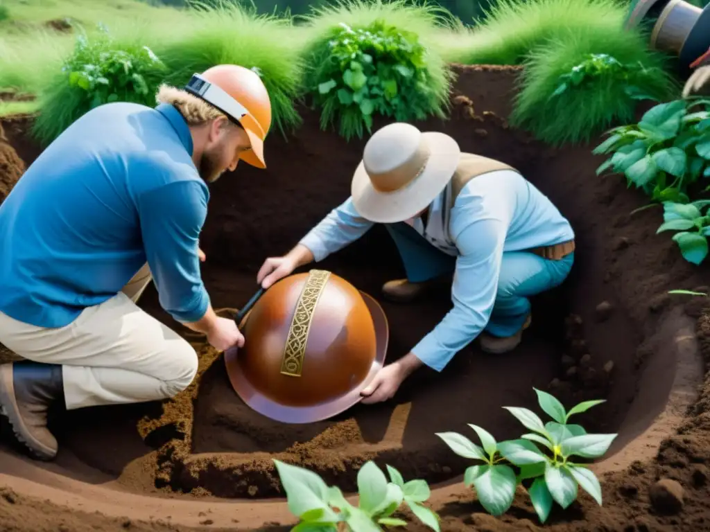 Equipo de arqueólogos excavando un sitio de entierro vikingo en Suecia, destacando un casco vikingo en detalle