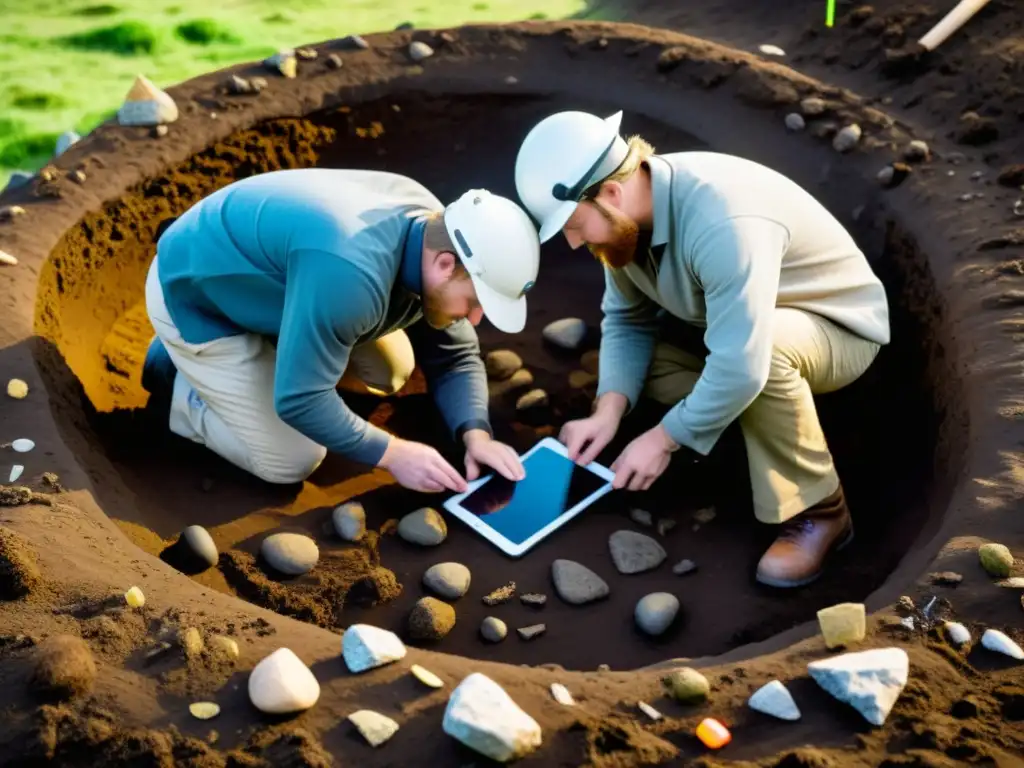 Un equipo de arqueólogos excavando un sitio funerario vikingo, usando aplicaciones para explorar la mitología vikinga