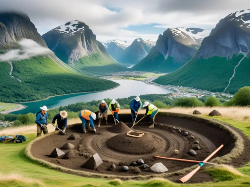 Equipo de arqueólogos excavando un sitio funerario vikingo en Noruega, con herencia vikinga en Noruega en la niebla de fondo