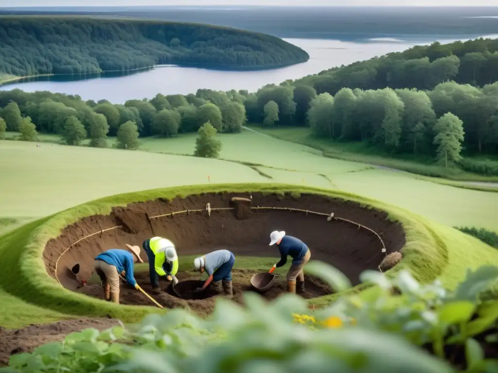 Equipo de arqueólogos excavando un sitio funerario vikingo en Suecia, caza de artefactos vikingos Suecia