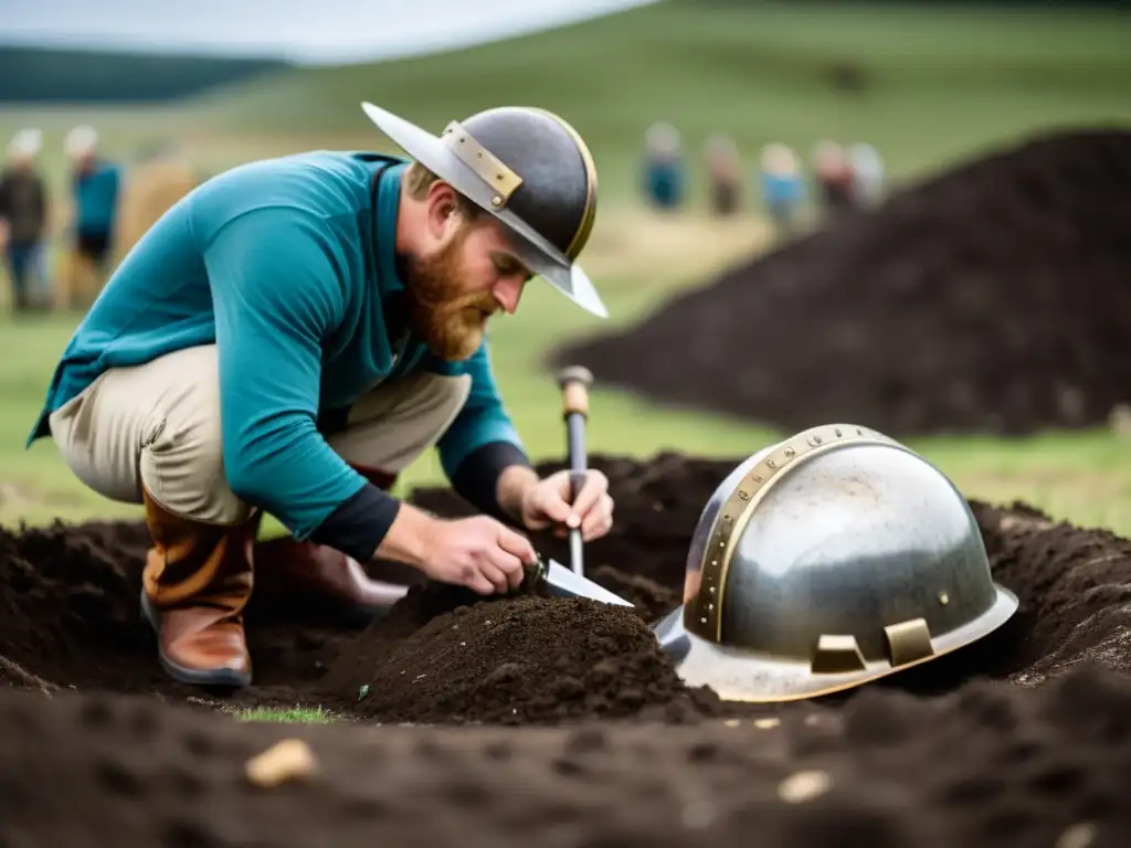 Un equipo de arqueólogos excavando un sitio funerario vikingo, descubriendo artefactos antiguos