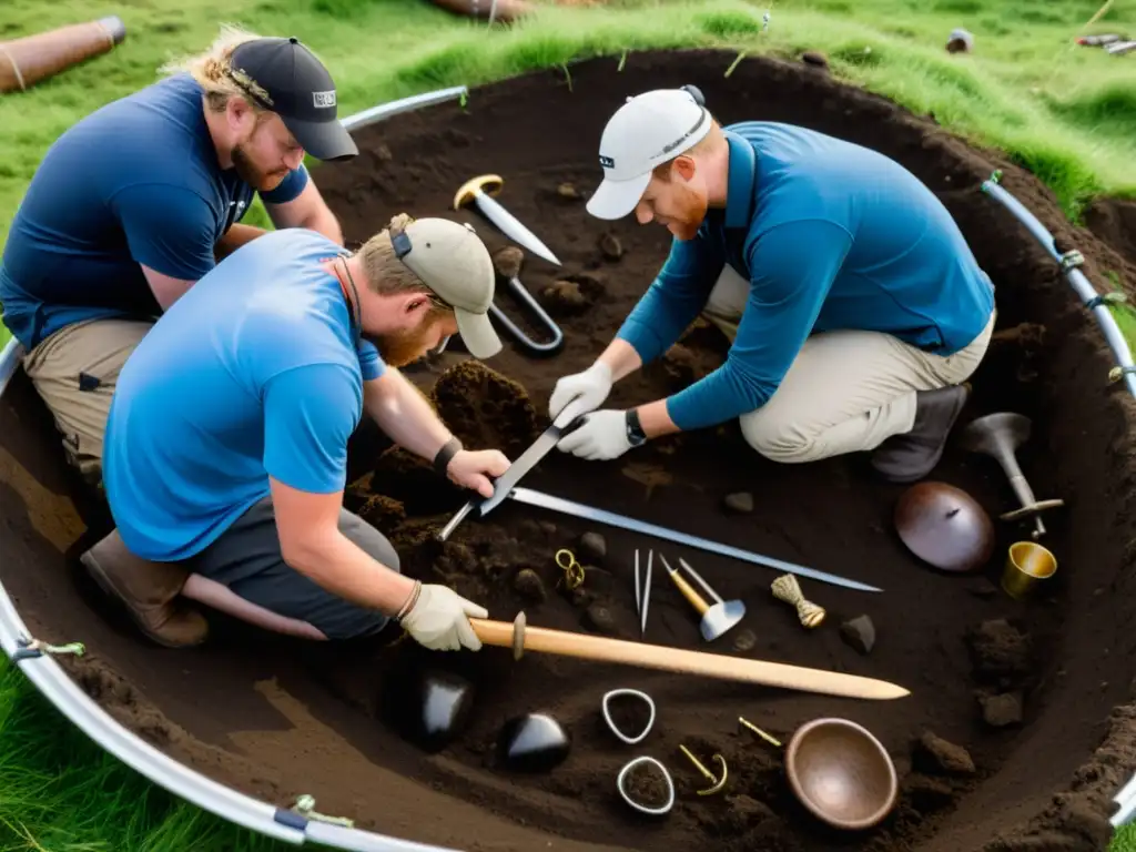 Un equipo de arqueólogos excavando un sitio funerario vikingo, rodeados de artefactos antiguos