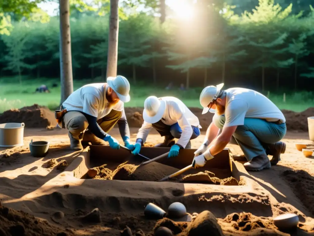 Un equipo de arqueólogos excavando cuidadosamente un sitio funerario vikingo, revelando antiguos artefactos