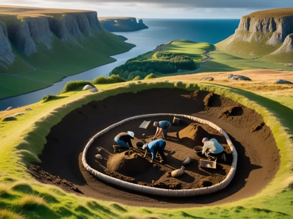 Equipo de arqueólogos desenterrando un sitio funerario vikingo en una escena meticulosa