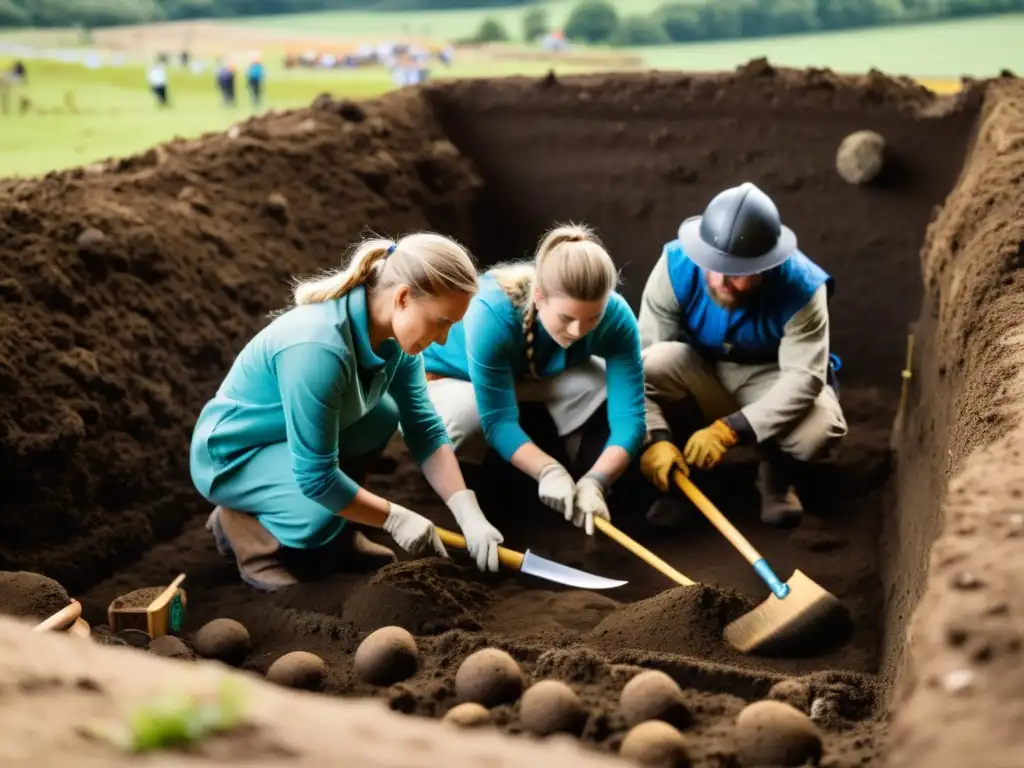 Equipo de arqueólogos excavando un sitio vikingo, revelando la diferencia entre mito y realidad vikinga