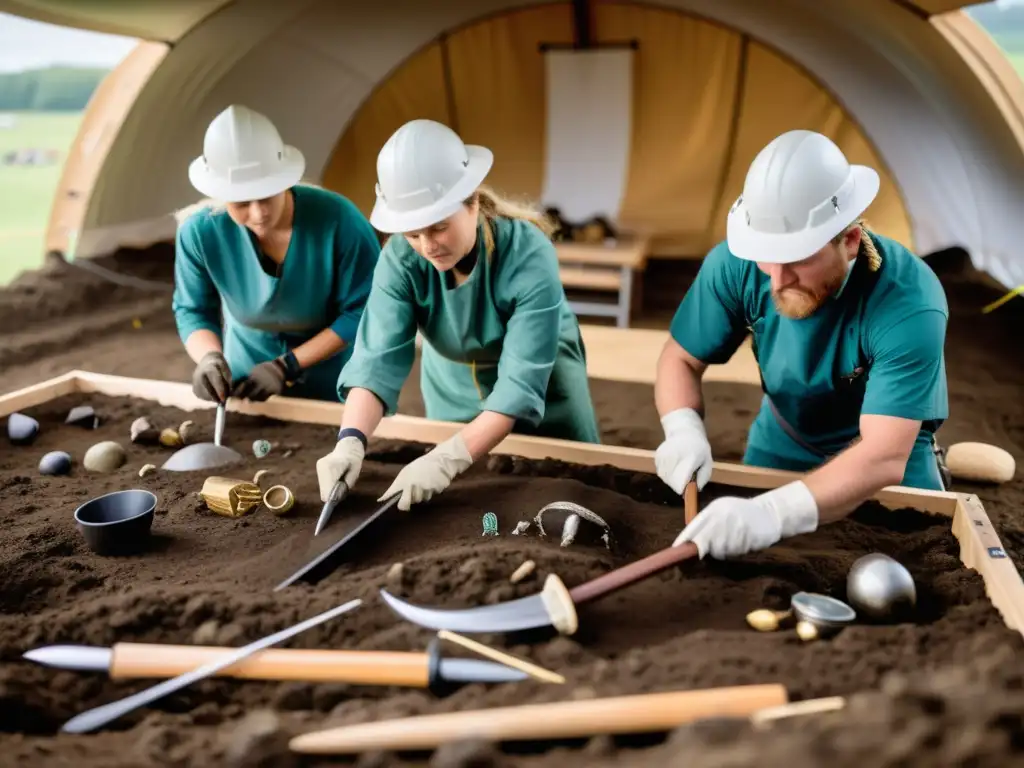 Equipo de arqueólogos excavando sitio vikingo con herramientas digitales