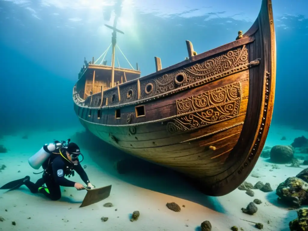 Equipo de arqueólogos subacuáticos excavando un drakkar vikingo en el fondo marino