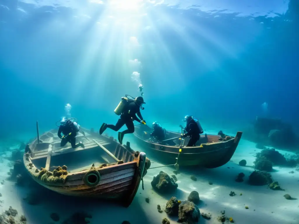 Equipo de arqueólogos submarinos recuperando artefactos de barcos vikingos en el fondo marino