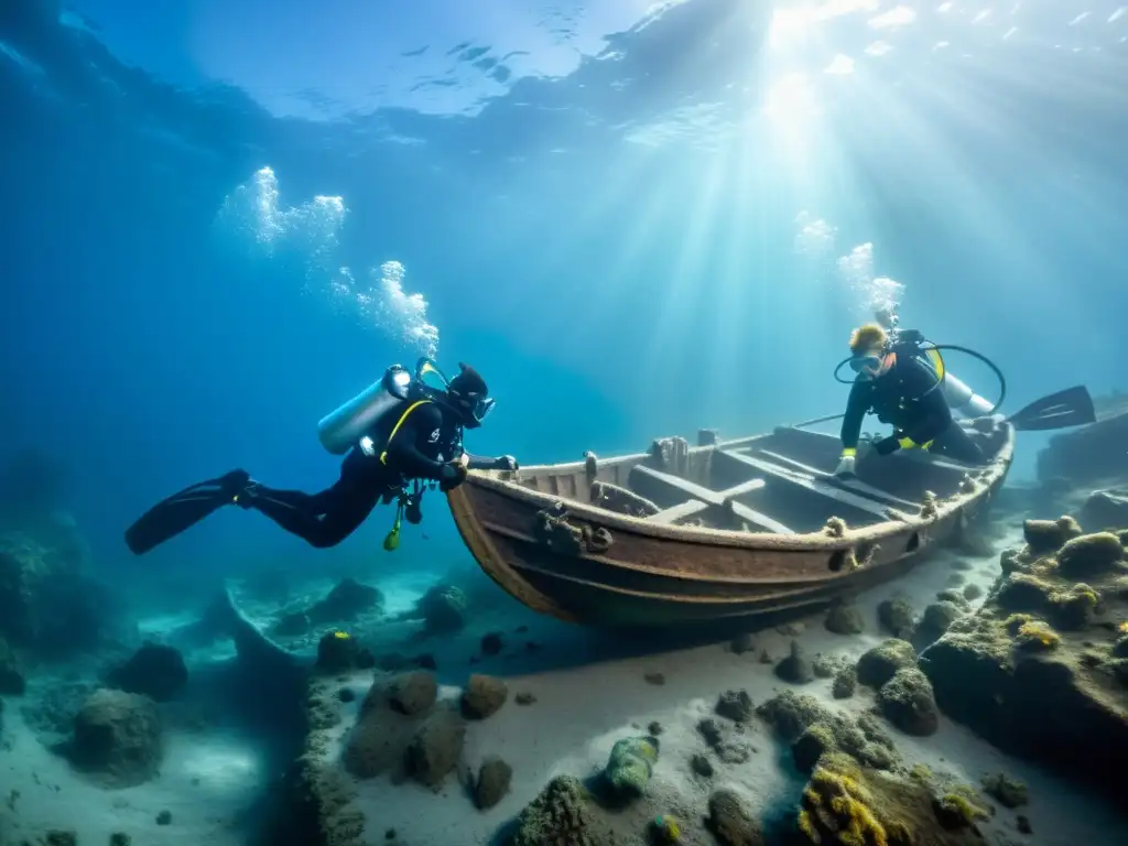 Equipo de arqueólogos submarinos excavando un barco vikingo hundido en el fondo marino, revelando secretos ancestrales