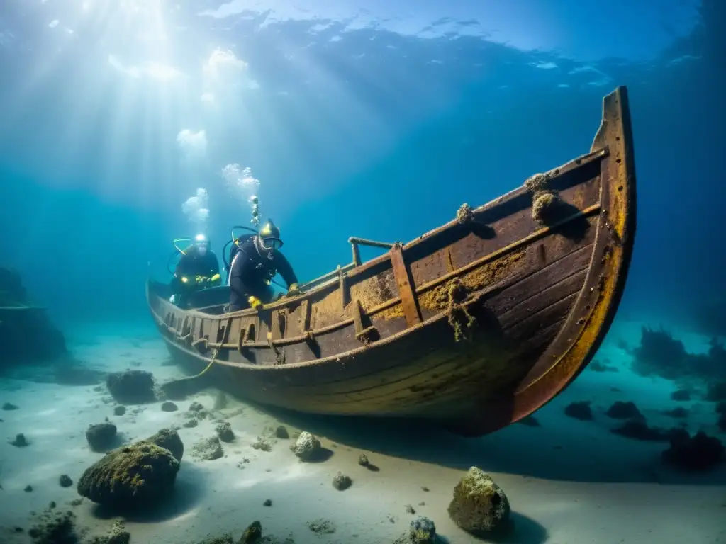 Equipo de arqueólogos submarinos excavando un barco vikingo hundido en aguas cristalinas