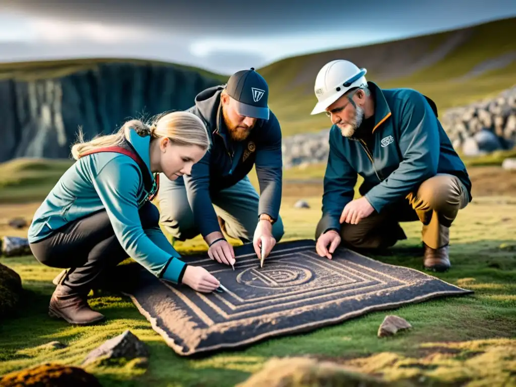 Un equipo de arqueólogos utiliza tecnología avanzada para interpretar inscripciones rúnicas vikingas en un sitio arqueológico remoto