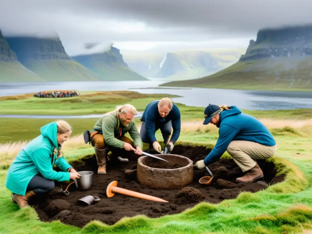 Equipo de arqueólogos utilizando tecnologías digitales para estudio vikingo en un yacimiento, rodeados de artefactos antiguos y paisajes nórdicos