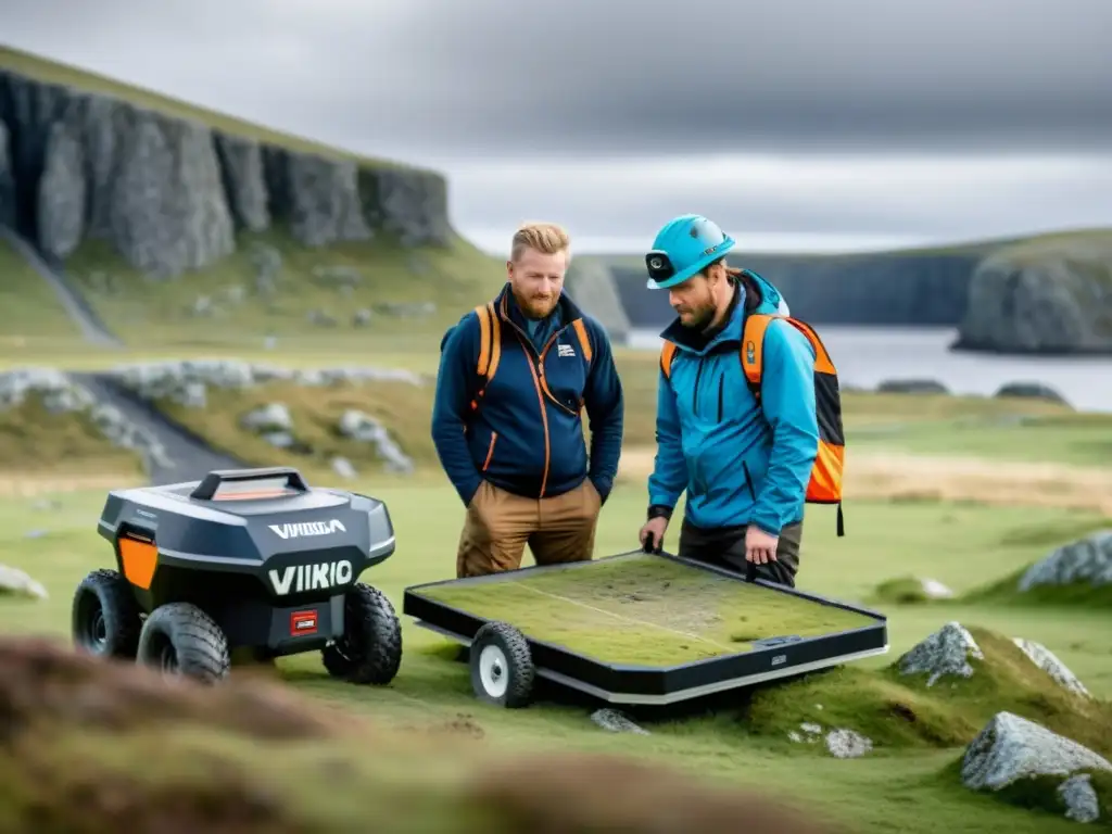 Equipo de arqueólogos usando tecnologías de escaneo en sitios vikingos, explorando asentamiento nórdico con paisaje escarpado de fondo