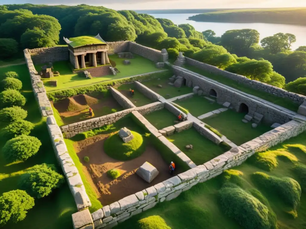 Equipo de arqueólogos excavando un templo vikingo entre ruinas antiguas y exuberante vegetación