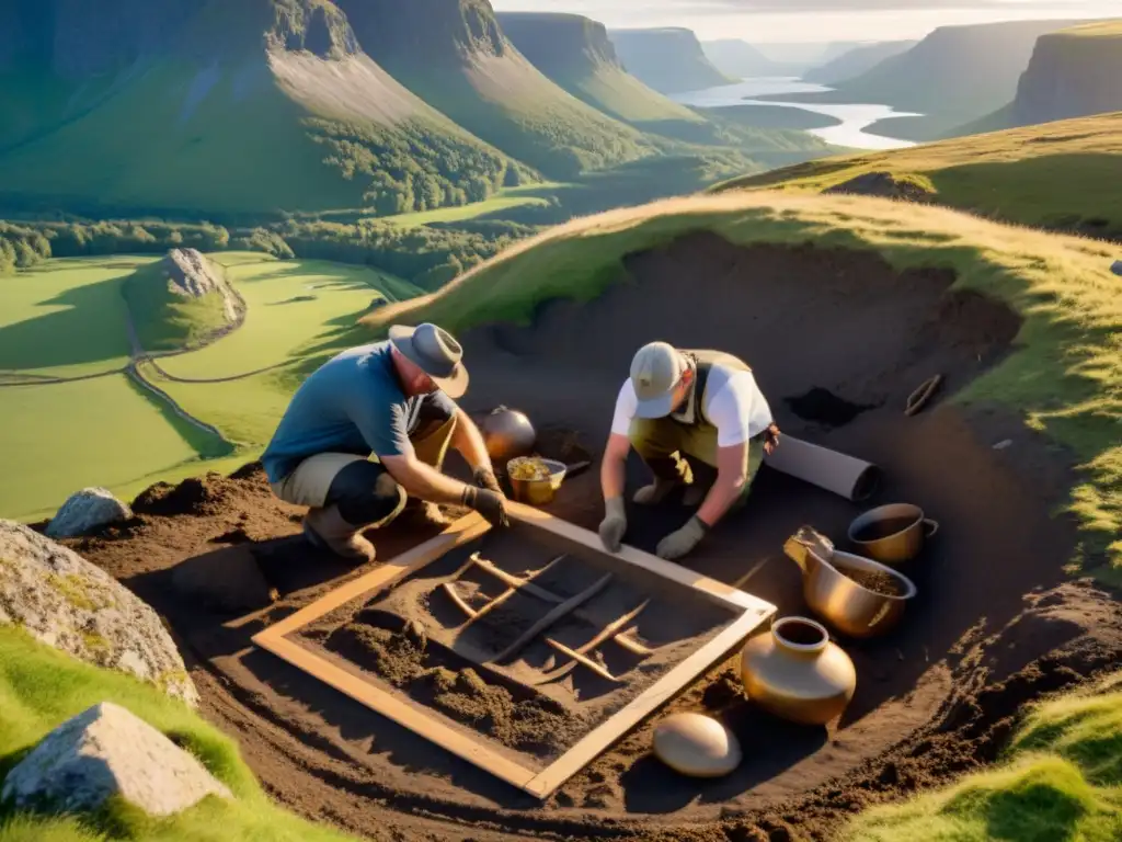 Equipo de arqueólogos desenterrando tesoros vikingos en paisaje escandinavo al atardecer