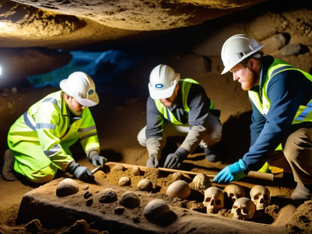 Equipo de arqueólogos excavando una tumba vikinga elite, revelando tesoros históricos