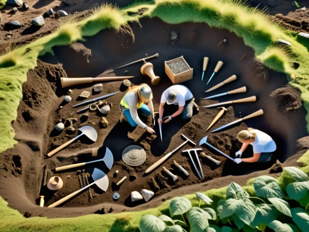 Equipo de arqueólogos descubriendo tumbas vikingas en excavación en Escandinavia