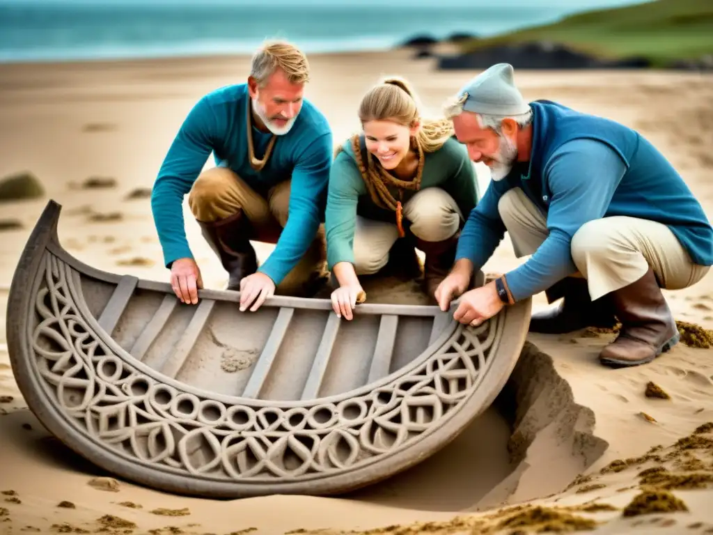 Un equipo de arqueólogos vikingos excava un barco antiguo en la costa, mostrando experimentos arqueología náutica era vikinga