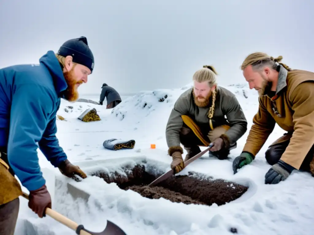 Equipo de arqueólogos vikingos excavando en medio de una tormenta de nieve, mostrando técnicas de excavación en climas extremos vikingos