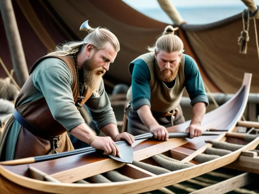 Equipo de artesanos reconstruyendo un barco vikingo con herramientas tradicionales