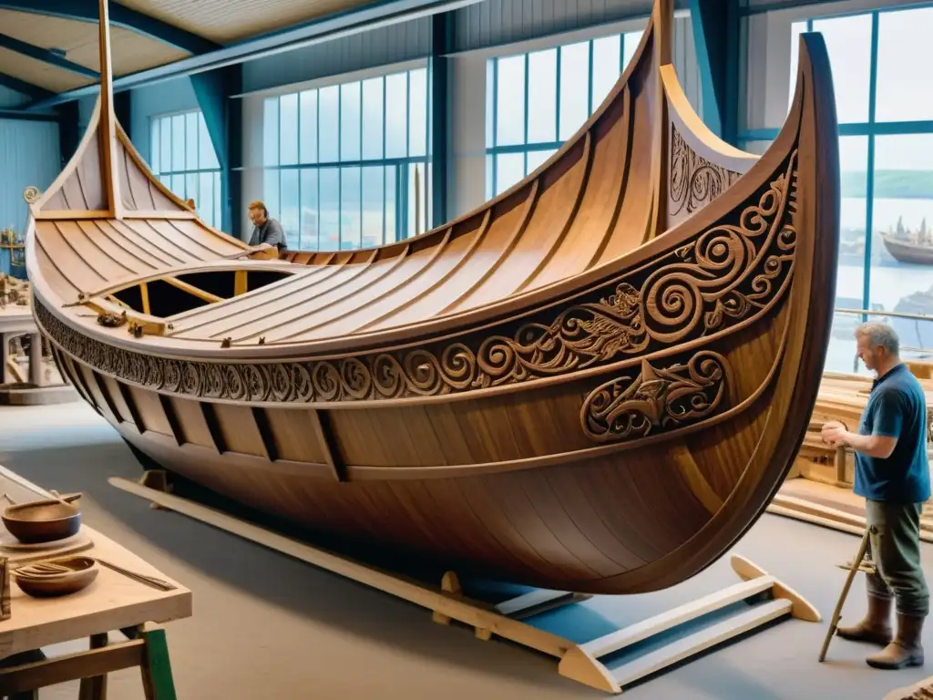 Un equipo de artesanos reconstruye con maestría un barco vikingo en un taller bullicioso, preservando la historia marítima vikinga