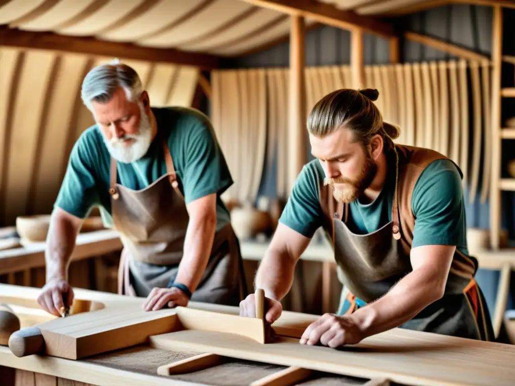 Equipo de artesanos reconstruyendo una embarcación vikinga en el Atlántico con herramientas tradicionales