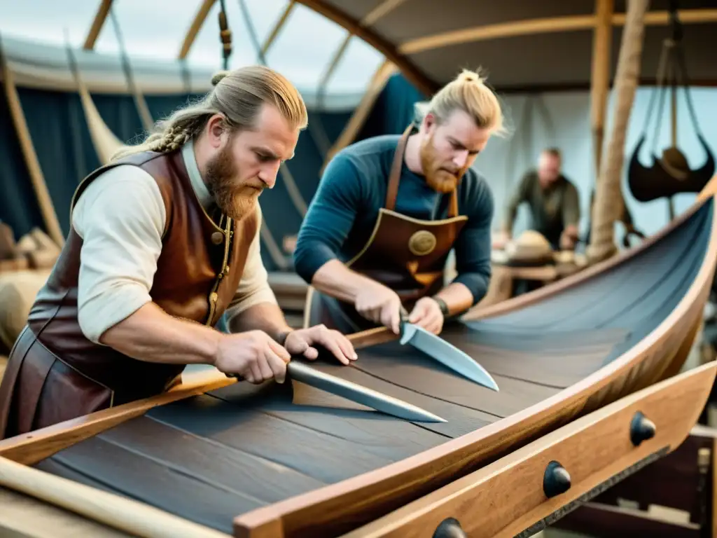 Un equipo de artesanos restaura meticulosamente un Drakkar Vikingo auténtico, inmersos en la fascinante labor