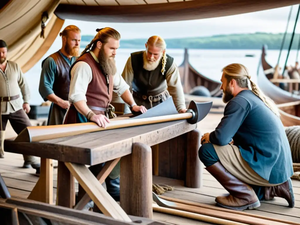 Equipo de astilleros vikingos trabajando juntos en la construcción de un barco, mostrando dedicación y maestría