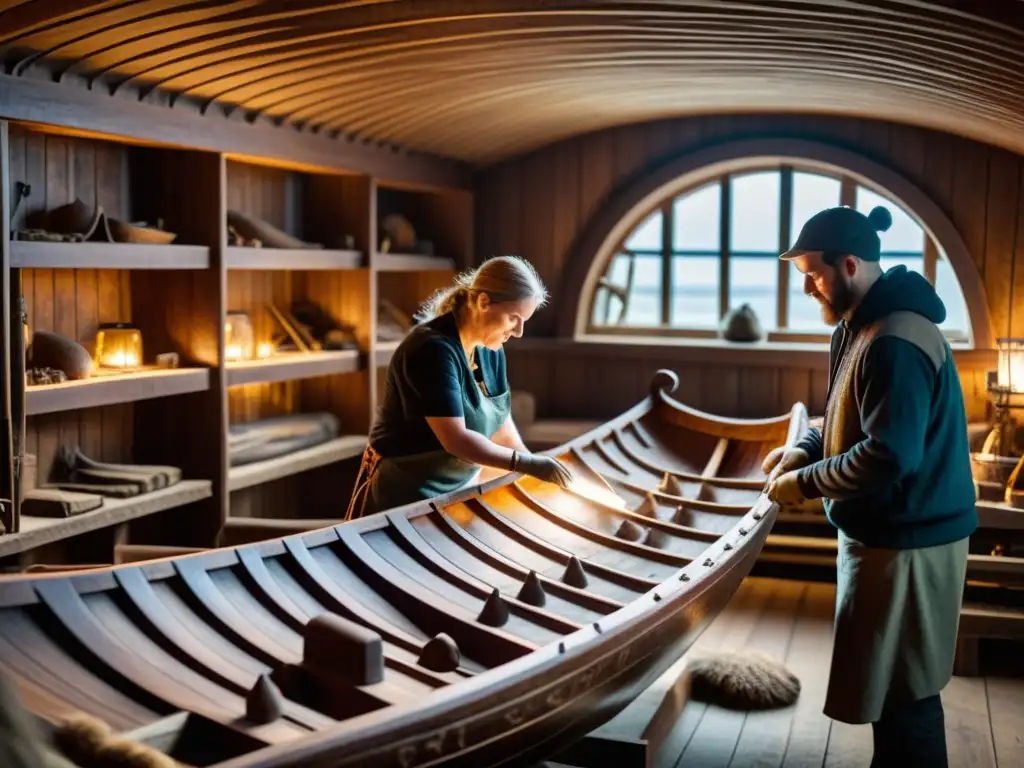 Equipo de conservación restaurando un barco vikingo en taller atmosférico para generaciones futuras