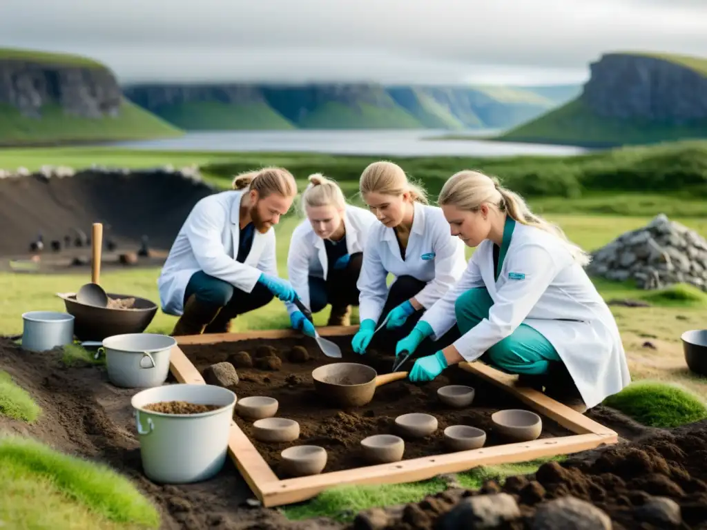 Un equipo de científicos excava y analiza artefactos vikingos en un yacimiento arqueológico, descifrando dietas vikingas con arqueología