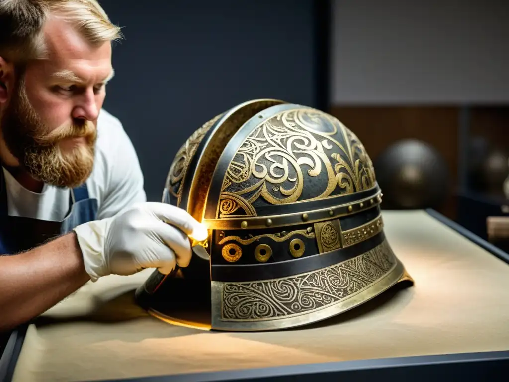 Equipo de conservadores restaurando casco vikingo con grabados y marcas de batalla