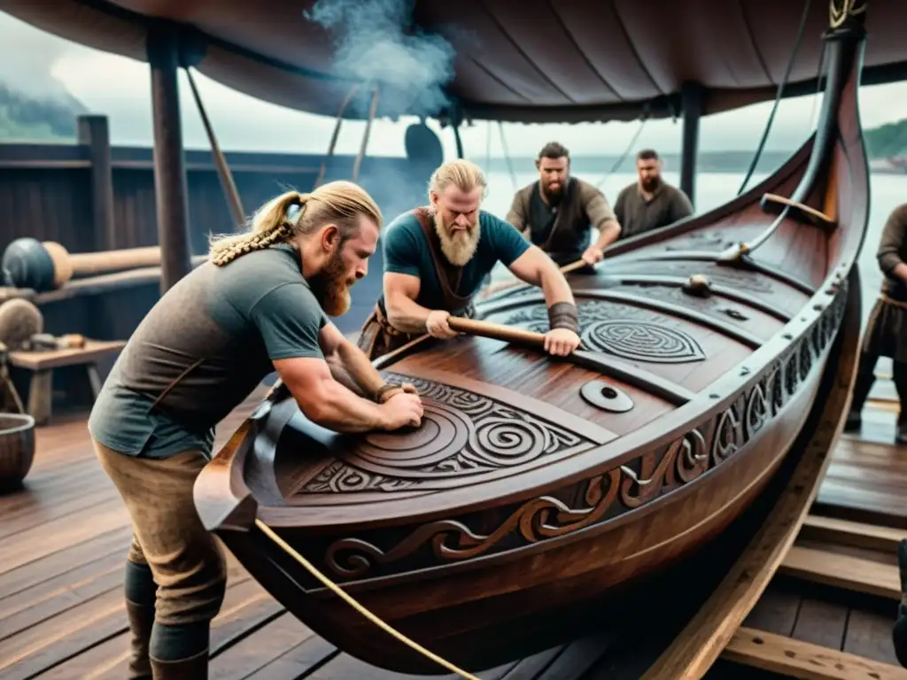 Equipo de constructores de barcos vikingos tallando diseños en el casco de un drakkar, mostrando habilidades y dedicación