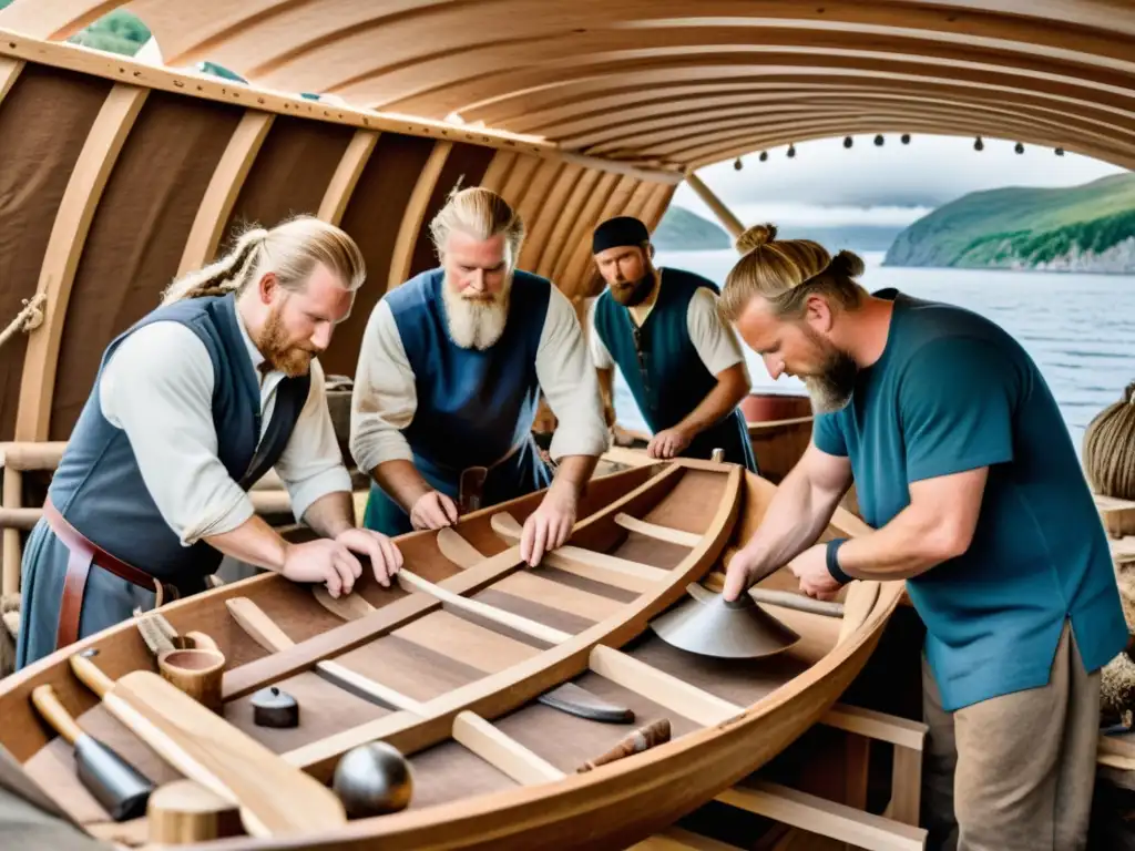 Equipo de constructores de barcos vikingos modernos reviviendo antiguas técnicas en un fiordo nórdico sereno