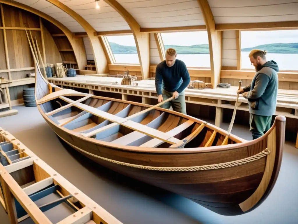 Un equipo de constructores de barcos vikingos modernos en un detallado proceso de fabricación, rodeados de herramientas y paisajes nórdicos