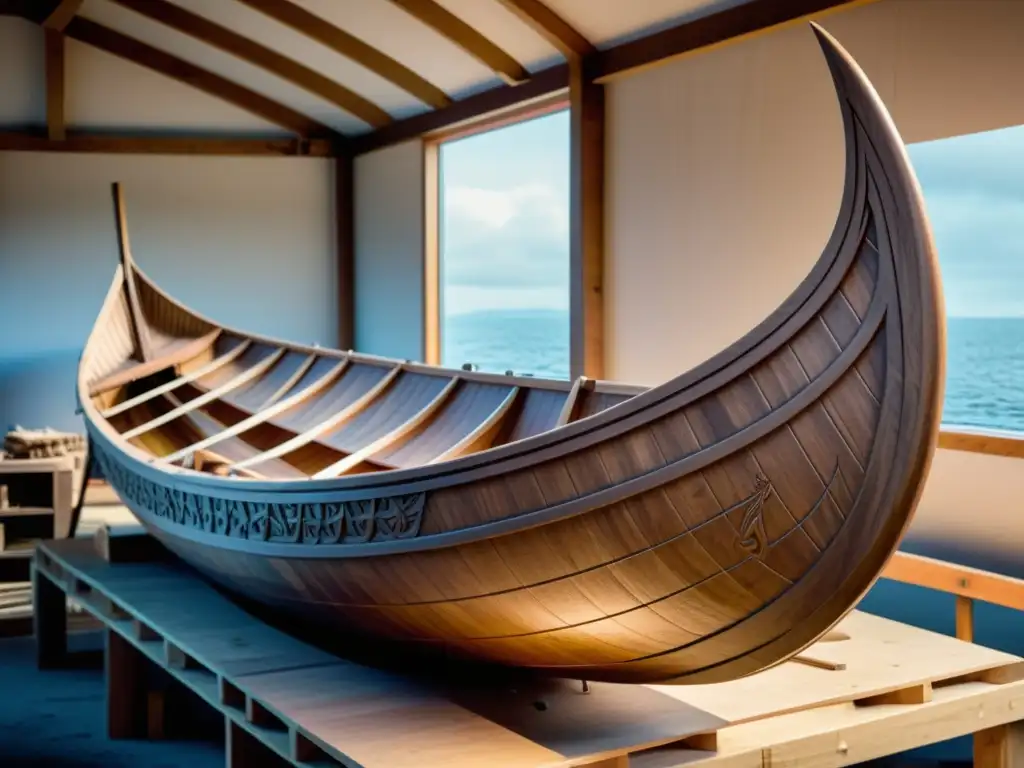 Equipo de constructores modernos reconstruyendo detalladamente un barco vikingo, fusionando técnicas ancestrales y contemporáneas