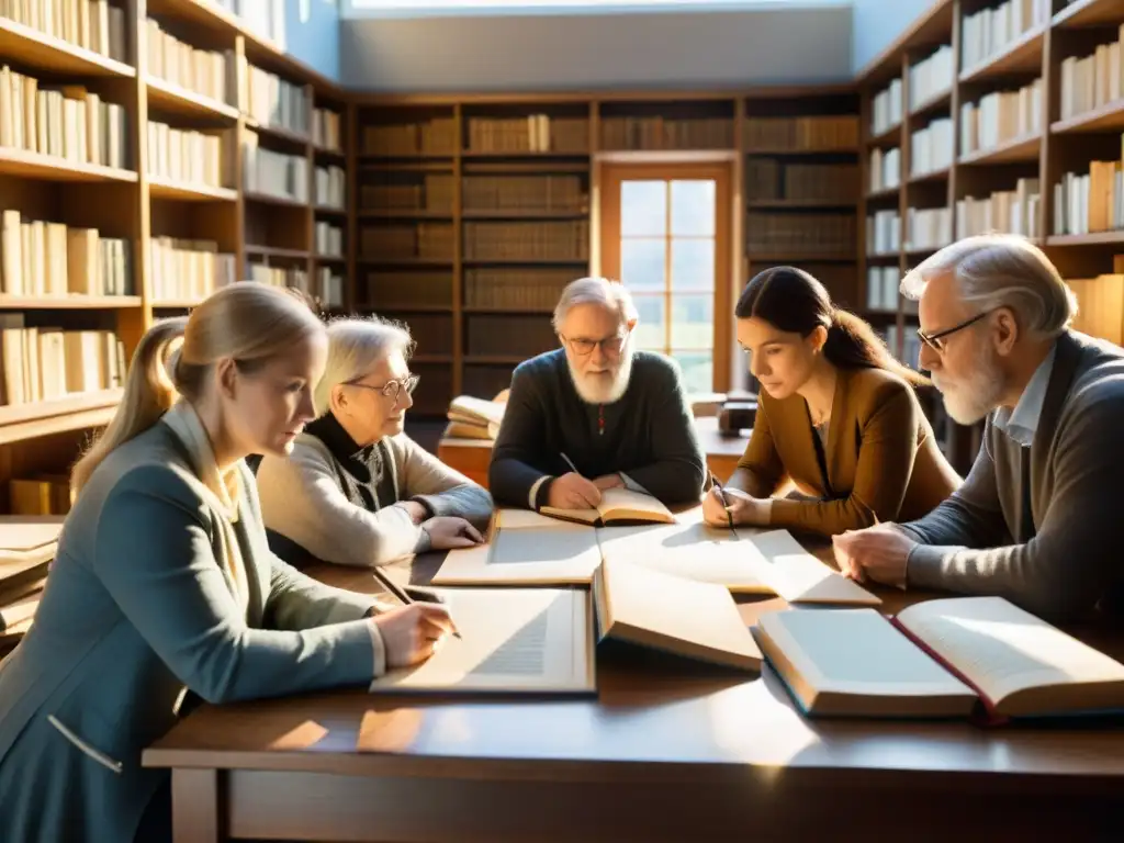 Un equipo diverso de lingüistas e historiadores estudia manuscritos nórdicos antiguos en una mesa de madera, utilizando técnicas modernas