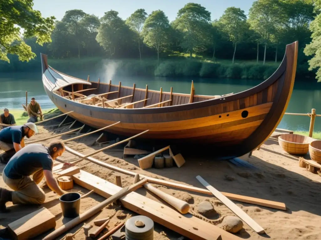 Equipo de expertos reconstruyendo un barco vikingo con herramientas modernas y técnicas ancestrales en un bosque soleado