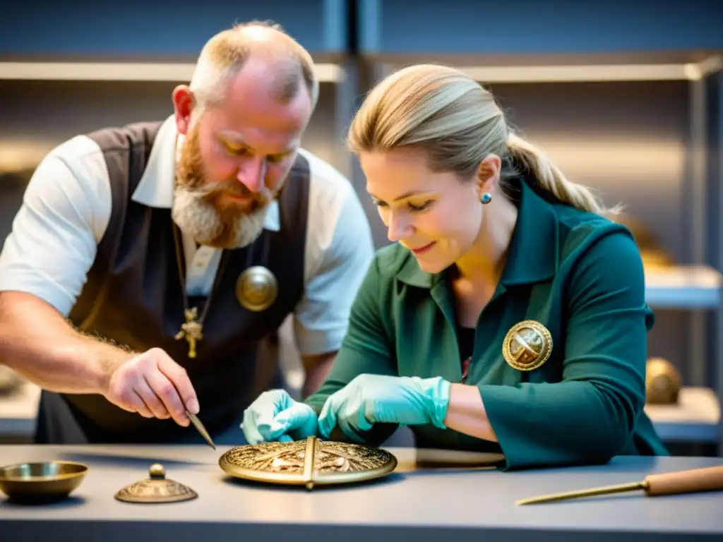 Equipo de expertos en conservación restaurando una joya vikinga antigua con cuidado en un museo iluminado