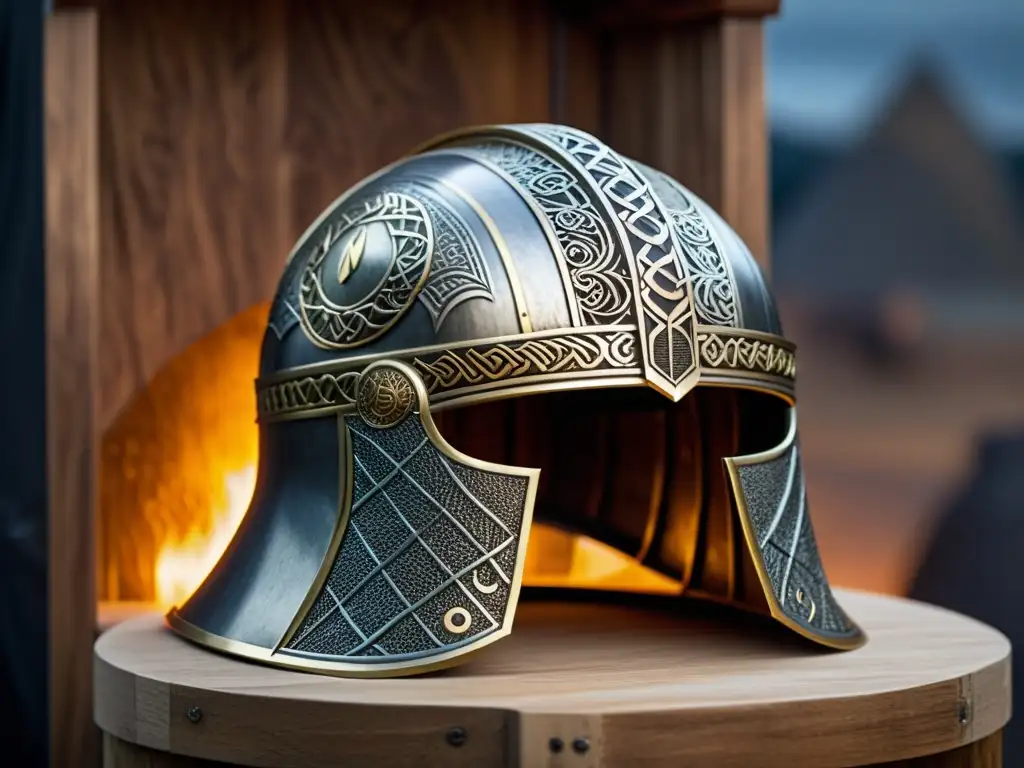 Equipo de expertos revela la verdadera forma del casco vikingo con grabados intrincados y materiales auténticos, en un escenario de runas y artefactos nórdicos antiguos