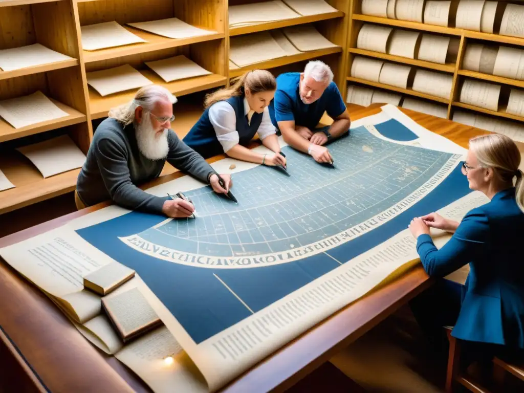 Equipo de historiadores y arqueólogos reconstruyendo códices perdidos de barcos vikingos en museo iluminado