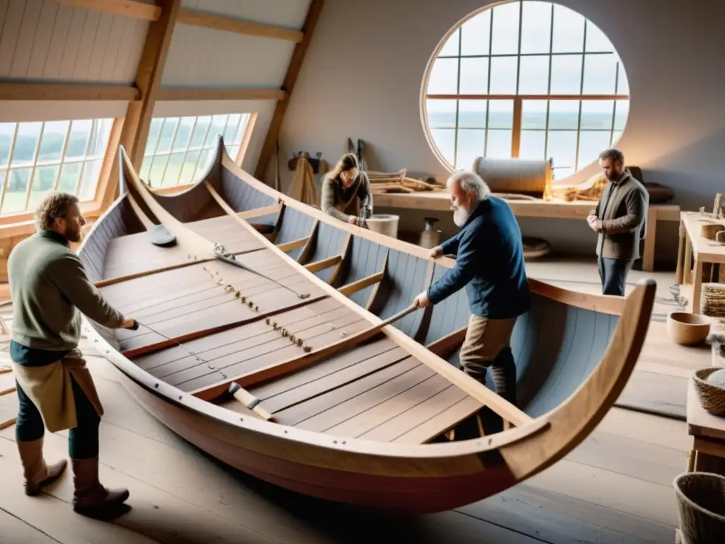 Un equipo de historiadores y arqueólogos reconstruye meticulosamente un Drakkar vikingo en un taller antiguo