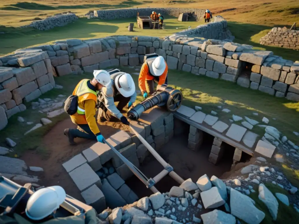 Equipo de ingenieros robóticos excavando artefacto vikingo en ruinas antiguas