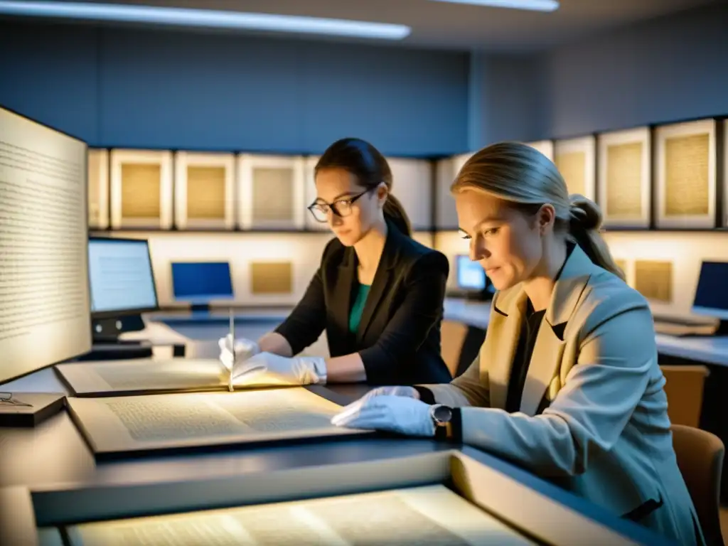 Equipo de investigadores preservando sagas nórdicas en laboratorio digital de vanguardia con avanzada tecnología