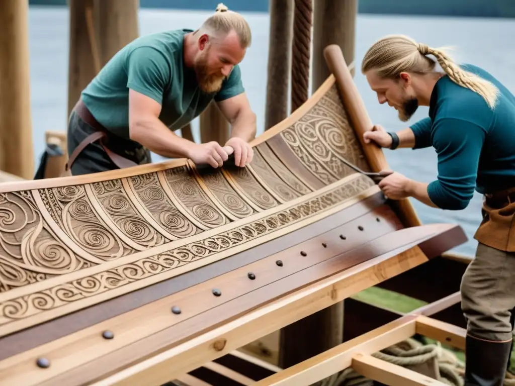 Equipo moderno reconstruye barco vikingo con herramientas antiguas en paisaje nórdico