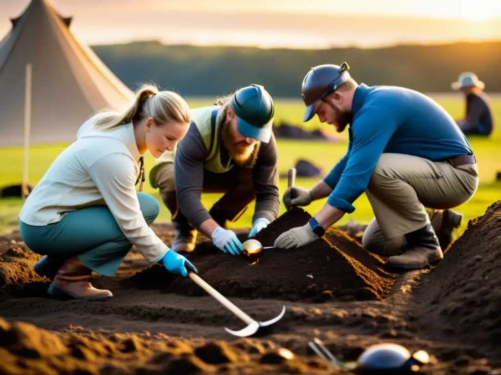 Equipo de preservacionistas desenterrando y documentando un sitio de entierro vikingo al atardecer