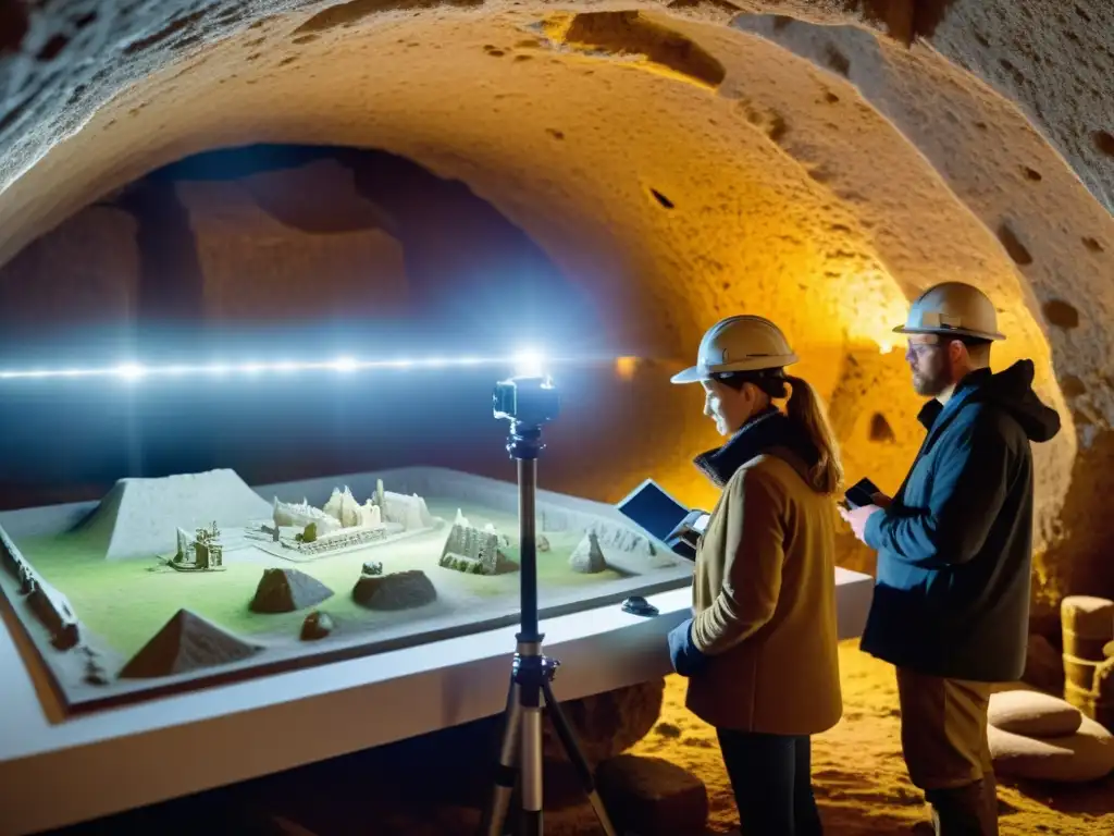 Equipo de investigación escaneando el sitio vikingo con tecnologías de escaneo avanzadas, fusionando historia antigua y tecnología de vanguardia